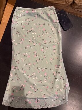 SHEIN Sage Green Midi Slip Skirt with Pink Floral Print